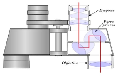 Internal structure of Porro prism binoculars